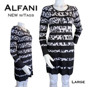 NEW Alfani Minidress Medium Black White Leopard Print Black Stripe Jersey Knit